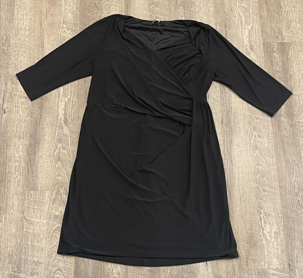Igigi Dress Womens size 12 Black Draped Short Sleeve V Neck Made In USA